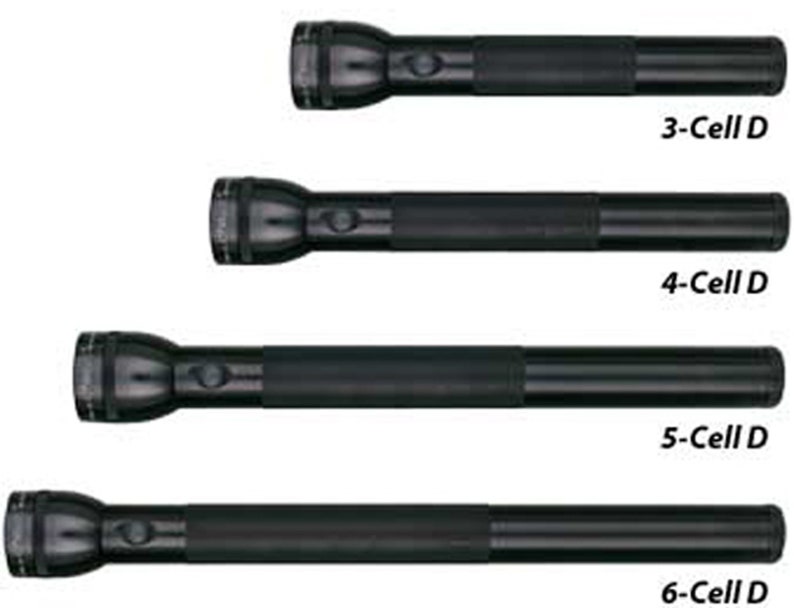 May include: Four black flashlights of different lengths, labeled 3-Cell D, 4-Cell D, 5-Cell D, and 6-Cell D.