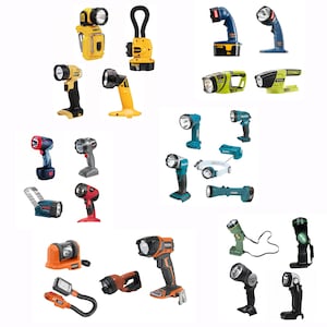 May include: A collection of 18 different rechargeable work lights. The lights are in various colors, including yellow, green, blue, and gray. Some lights have a hook or clip for hanging, while others have a handle for holding. The lights are all designed for use in a variety of work environments.