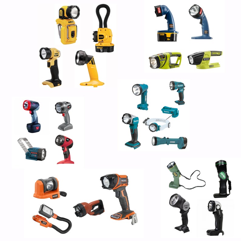 May include: A collection of 18 different rechargeable work lights. The lights are in various colors, including yellow, green, blue, and gray. Some lights have a hook or clip for hanging, while others have a handle for holding. The lights are all designed for use in a variety of work environments.