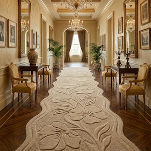 May include: A long, beige runner rug with a raised, carved floral pattern featuring large blossoms and leaves. The rug has a wavy, organic edge and is positioned in the centre of a hallway with dark wood floors, gold-toned chairs, and mirrors.