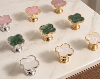 Tirador de armario Clover, tirador de cajón dorado, tirador de mueble con efecto mármol, pomo de tocador de lujo, herrajes para armarios de cocina, decoración de armarios