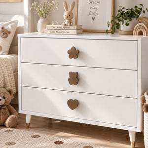 Bloem, beer, hartvormige kastknop, handgreep voor kinderkamermeubels, schattige ladeknop, speelkamerdecoratie, messing ladehandgreep, bosaccent zacht
