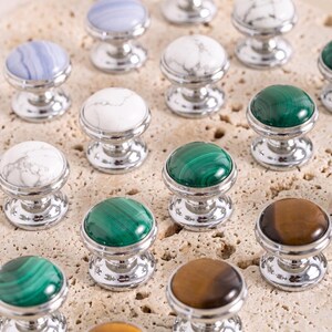 Gemstone Cabinet Knob, Silver Drawer Handle, Malachite Furniture Hardware, Marble Dresser Pull, Crystal Cupboard Accent, Luxury Decor