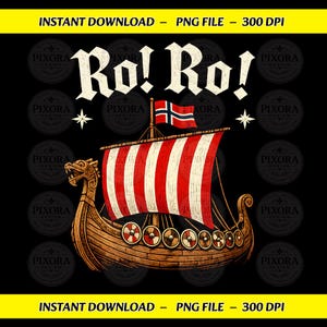 Op de afbeelding: Een digitale grafische illustratie van een houten Vikingschip met een rood-wit gestreept zeil en een Noorse vlag aan de mast. De tekst Ro! Ro! wordt weergegeven in een vet, wit, verweerd lettertype boven het schip op een zwarte achtergrond.