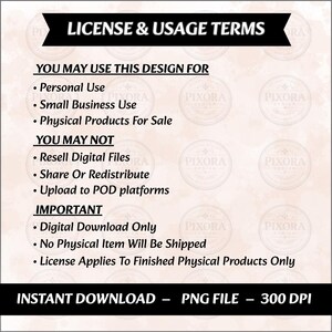 May include: A digital license and usage terms document with black text on a light background. It outlines permissions for personal and small business use, restrictions on reselling or sharing digital files, and notes it is an instant download PNG file.