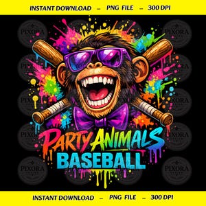May include: A digital graphic design featuring a monkey wearing purple sunglasses and a purple bow tie, positioned in front of two crossed wooden baseball bats. The background is black with vibrant paint splatters and the text PARTY ANIMALS BASEBALL.