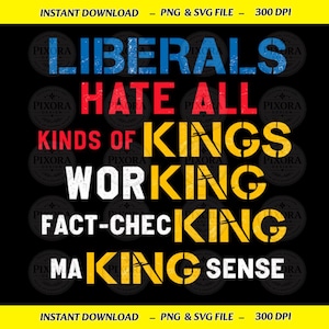 Puede incluir: Un diseño gráfico digital que presenta el texto LIBERALS HATE ALL KINDS OF KINGS WORKING FACT-CHECKING MAKING SENSE. Las palabras están dispuestas en filas con una textura desgastada tipo plantilla en azul, rojo, blanco y amarillo sobre fondo negro.