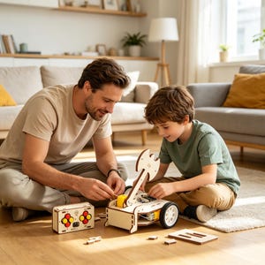 May include: A wooden DIY remote-controlled robot kit featuring a light-coloured plywood chassis, white plastic wheels, yellow motor components, and a handheld controller with four red buttons and a central black joystick for assembly and operation.
