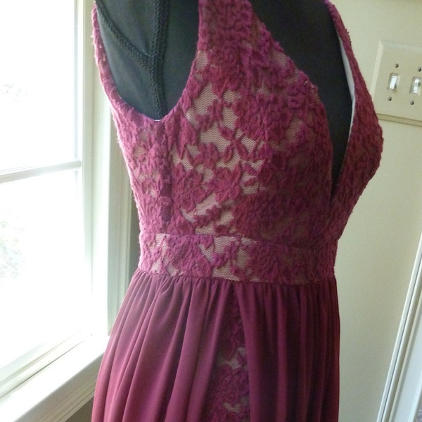 vintage burgundy long gown, prom dress with peek a boo form fitting short skirt  attached to the dress size small by LuLu's