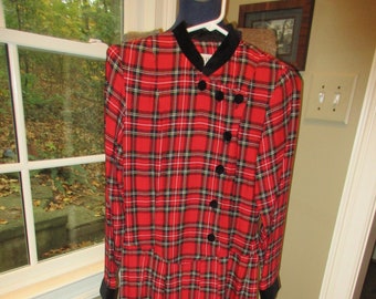 1980's red and black plaid long loose fitted one  piece dress, dropped waist black velvet trim size 6P