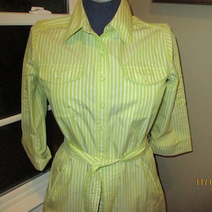 vintage green and white striped cotton shirt dress tailored look size small