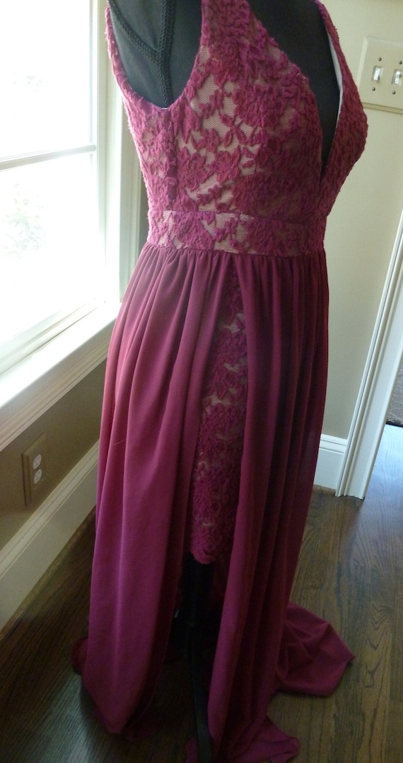 vintage burgundy long gown, prom dress with peek a