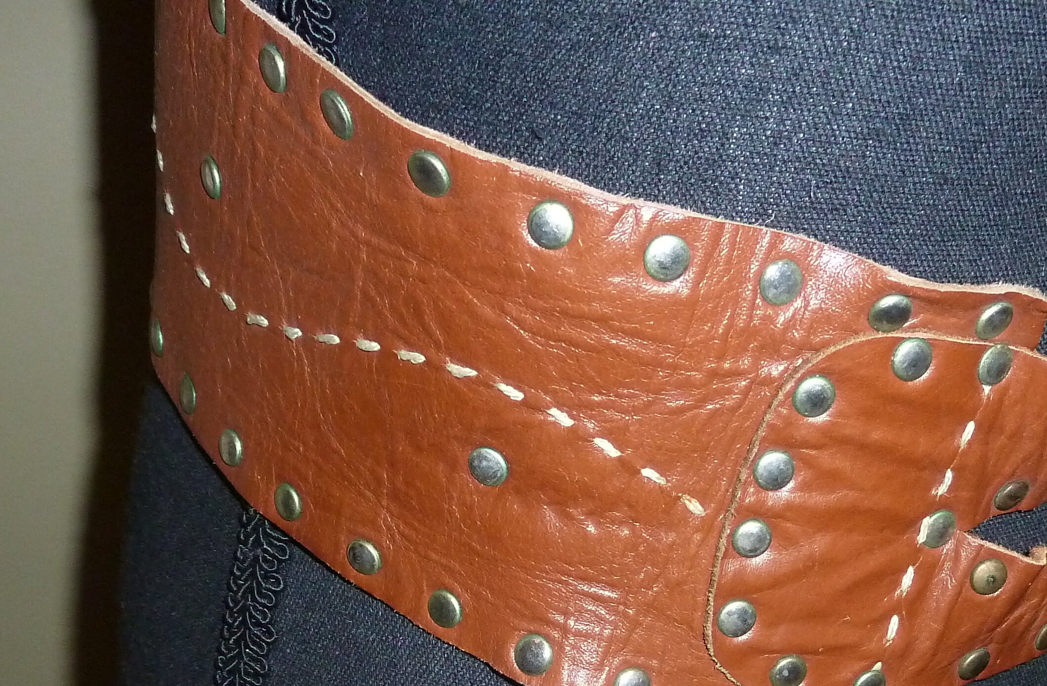 Vintage Leather Double Rivet Wide Buckle Belt Handmade Red Leather Belt with Black Wash, Unique Design  main image 3