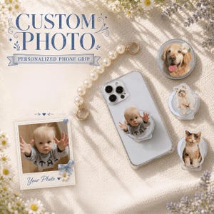 Personalised Pet Photo MagSafe Phone Grip Stand, Custom Resin Pop Socket With Irregular Round Large Pet Head Cut, Unique Sentimental Gift