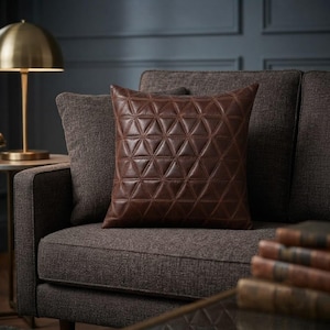 Modern Chevron Patchwork Hairon Leather Pillow, Natural Dark-Brown Geometric Cushion Cover 18x18 Inches