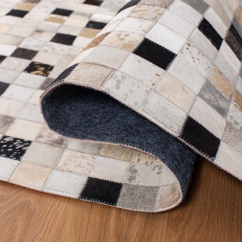 Cowhide Patchwork Rug | Natural Brown White & Black Leather Rug | 5x8