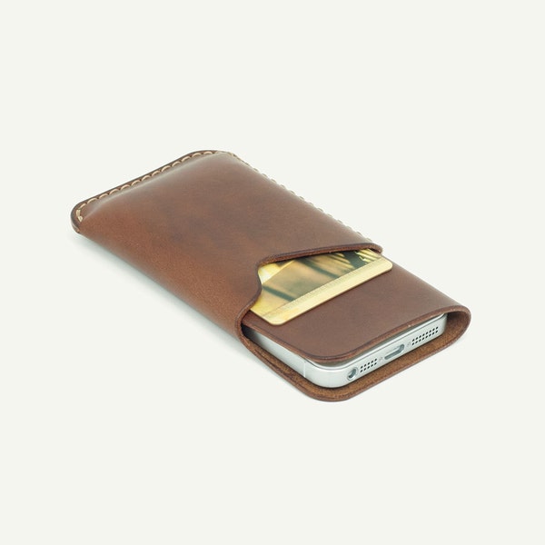 DHK GOODS iPhone 5S / 5 Sleeve - leather iPhone case with card holder at front. Brown oily leather
