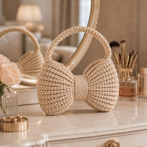 May include: A beige crochet handbag shaped like a large bow with a rounded top handle. The bag features a textured, knotted yarn construction in a neutral light tan color, with a central band cinching the bow design together in the middle.