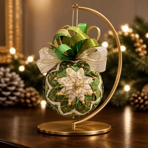 Fabric Starburst Fold Ornament: Green Gold Ivory Quilted Ball Decoration