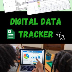 Peut inclure: Un modèle de suivi de données numériques présentant des vues de feuilles de calcul avec des colonnes pour les noms des élèves, les niveaux scolaires et les mesures académiques. Le texte DIGITAL DATA TRACKER est affiché en vert.
