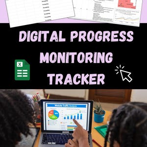 May include: A digital progress monitoring tracker featuring two spreadsheet templates with columns for dates, word counts, and notes, alongside a laptop screen displaying a website traffic analysis chart with pie and bar graphs in blue, green, and orange.