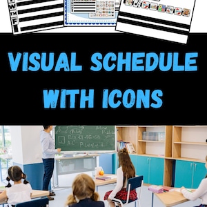 May include: A visual schedule template set featuring black and white daily planners with rows for weekdays and colorful activity icons. The documents include text fields for daily schedules and day-of-the-week indicators to organize tasks.