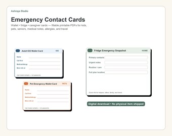 Emergency Contact Cards Printable for Kids, Pets, Seniors