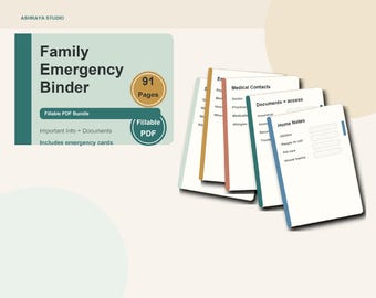 Family Emergency Binder, Important Documents Organizer, Fillable PDF Bundle (Includes Cards)