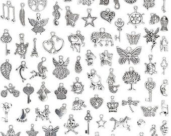 100Pcs Tibetan Silver Charms Bulk Set, Mixed Metal Pendants for DIY Necklace, Bracelet Jewelry Making & Craft Supplies