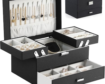 3 Layer Jewelry Organizer Box, Large Jewelry Storage Case with Drawer & Metal Stand, Space Saving Jewelry Box for Women Girls Gift