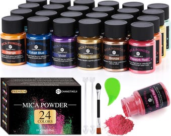 24 Colors Mica Powder Set, Natural Pigment Powder for Epoxy Resin, Soap Making, Candles, Lip Gloss, Bath Bombs & DIY Crafts