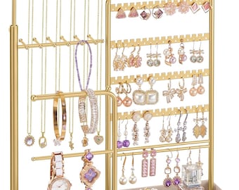 Adjustable Jewelry Holder Stand, Necklace Storage Organizer with Metal Frame & Velvet Tray, Height Adjustable Jewelry Display Rack