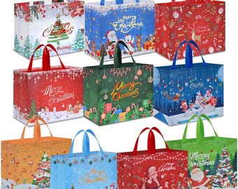 10PCS Extra Large Christmas Gift Bags with Handles, Reusable Xmas Tote Bags, Holiday Party Favor Bags, New Year Gift Packaging