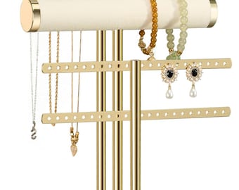 3 Tier Bracelet Holder Display, Beige Velvet T Bar Jewelry Organizer for Bracelets, Necklaces, Earrings & Rings Storage