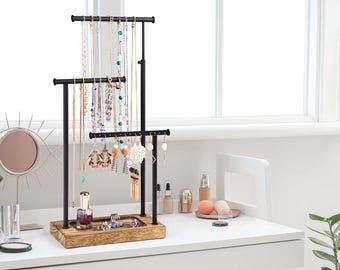 Extra Tall Jewelry Organizer Stand, Necklace Holder Display Rack, Wooden Jewelry Storage for Necklaces, Bracelets & Earrings