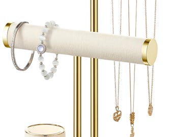 2 Tier Bracelet Holder Display, Beige Velvet T Bar Jewelry Organizer Stand for Bracelets, Necklaces, Earrings & Rings Storage