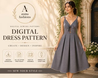 May include: A digital sewing pattern for a grey midi dress featuring a V-neckline, a front tie detail, and a pleated skirt. The text includes 'asma fashions', 'DIGITAL SEWING PATTERN', 'DIGITAL DRESS PATTERN', 'CREATE DESIGN INSPIRE', and 'SEW YOUR STYLE'.