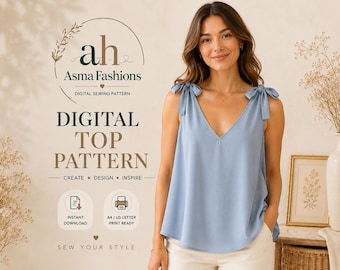 Patrón de costura en PDF para vestido con top de tirantes anudados.