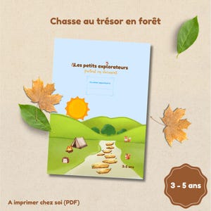May include: A light blue activity book titled Les petits explorateurs, featuring a green landscape with a sun, a tent, a campfire, a path with stepping stones, and small forest animals. The cover includes the text 3-5 ans and a space for a name.
