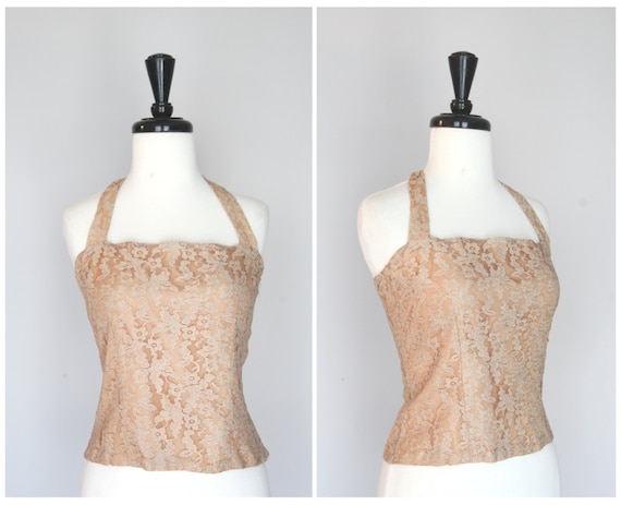 Gorgeous Vintage 1950s Beige Nude Lace Halter Top