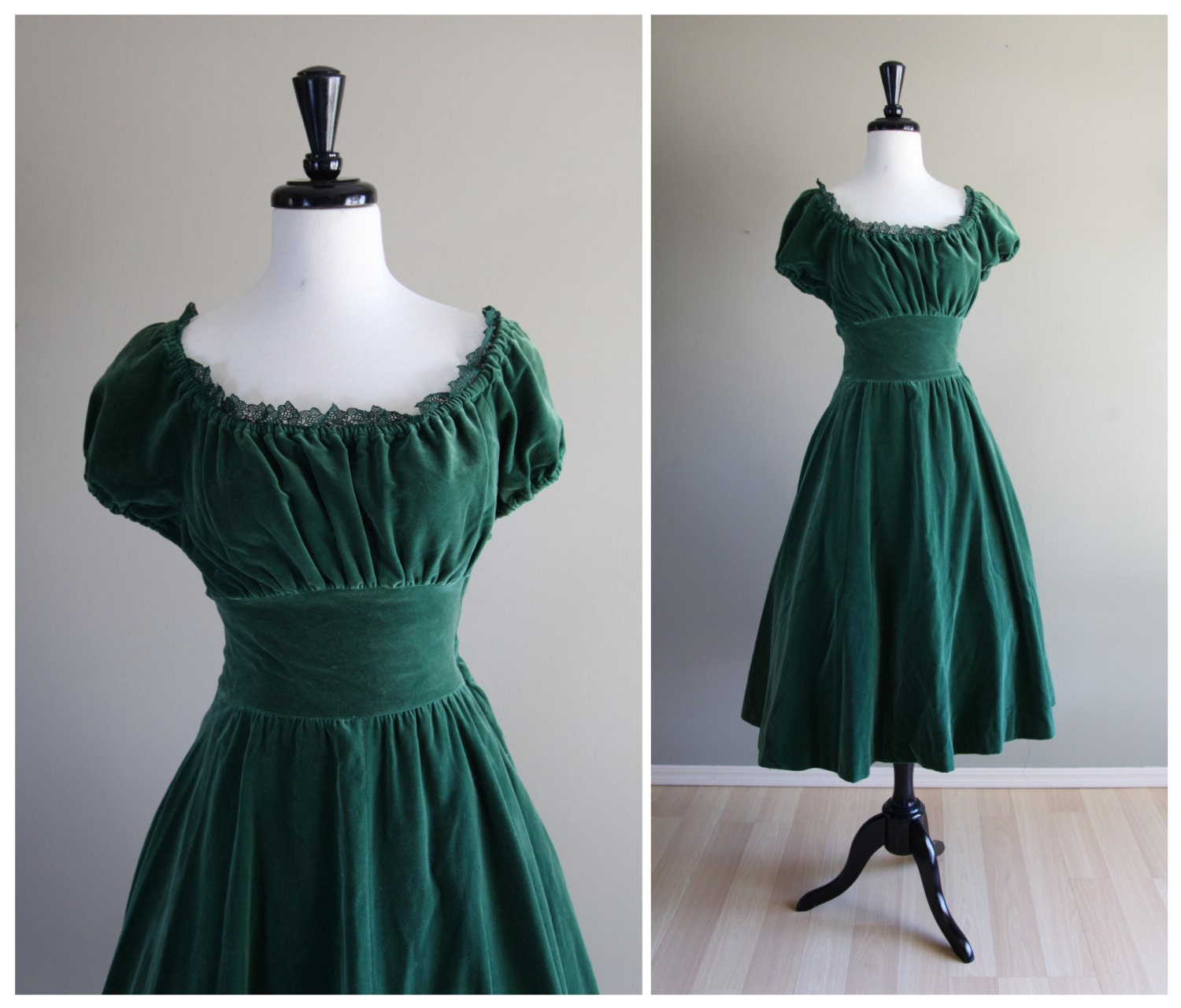 Gorgeous Green Velvet 1950s Vintage Peasant Dress with Full | Etsy