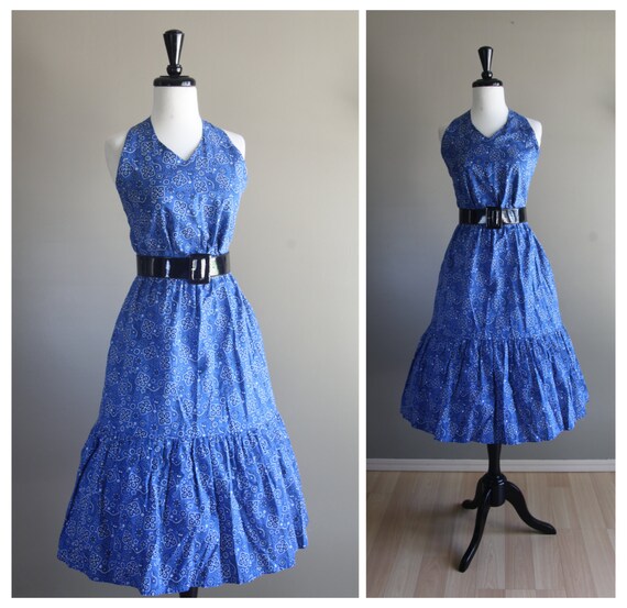Royal Blue Bandana 1950s Vintage Halter Dress / 19