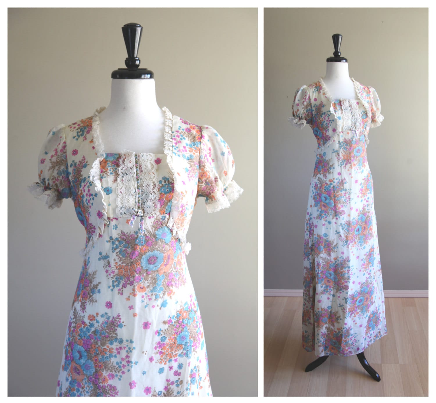 Floral Empire Waist Full Length Vintage Prairie Dress w/ Sheer