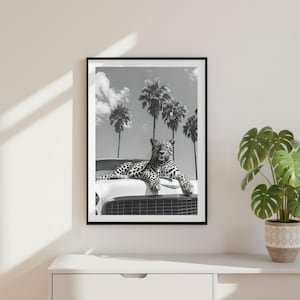 Vintage Leopard Classic Car Print, Luxury Animal Glamour Fashion Chic Poster, Black and White Fine Art Photography, Old Money Lifestyle