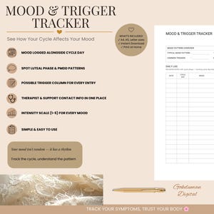 May include: A printable mood and trigger tracker document featuring a daily log table with columns for date, cycle day, mood, intensity, and possible trigger. The layout includes sections for mood pattern overview, therapist contact, and support info.