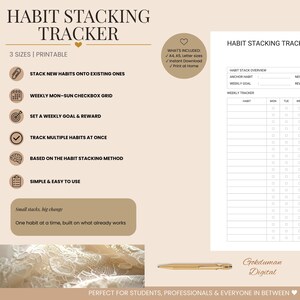 May include: A printable habit stacking tracker document featuring a weekly grid for tracking habits from Monday to Sunday. The layout includes sections for anchor habits, new habits, weekly goals, and rewards, presented in a clean, black and white format.