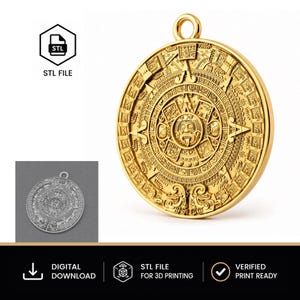 Aztec Calendar Pendant STL for 3D Printing | 3D Jewelry Model | Mayan Medallion | Digital File for Casting