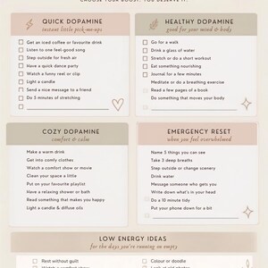 May include: A beige checklist titled Dopamine Menu with sections for Quick Dopamine, Healthy Dopamine, Cozy Dopamine, Emergency Reset, and Low Energy Ideas. The document features checkboxes, brown text, and small line art illustrations of hearts and leaves.