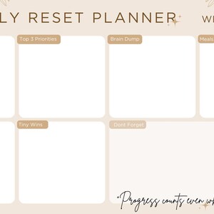 Może przedstawiać: Beżowy arkusz planera tygodniowego z napisem Weekly Reset Planner oraz Week. Zawiera sekcje oznaczone jako This week, Top 3 Priorities, Brain Dump, Meals, Appointments, Tiny Wins i Dont Forget oraz tekst Progress counts even when its messy.
