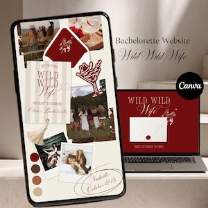 May include: A digital display showing a bachelorette website template titled Wild Wild Wife, featuring a collage of photos with people in cowboy hats, a martini glass graphic, a cream-colored invitation with a tassel, and a laptop screen mockup.